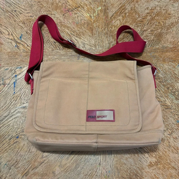 VINTAGE MENS POLO SPORT RALPH LAUREN KHAKI MESSENGER CROSSBODY BAG PURSE 90s Y2K - Picture 1 of 8